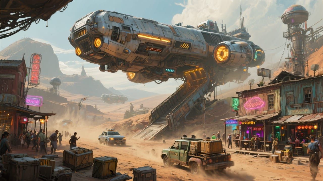 Spaceship Delivers Supplies to Mining Town