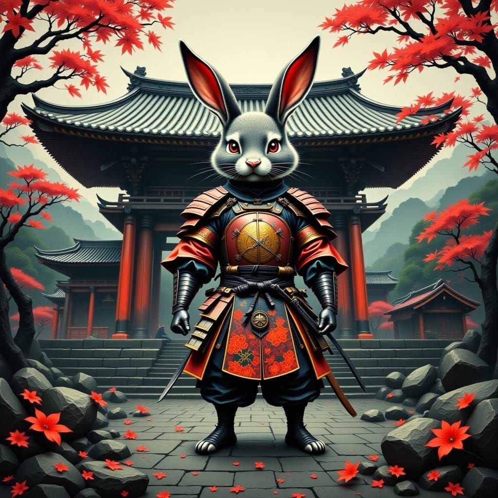 Cyberpunk Bunny Samurai in Front of Ancient Japanese Shrine