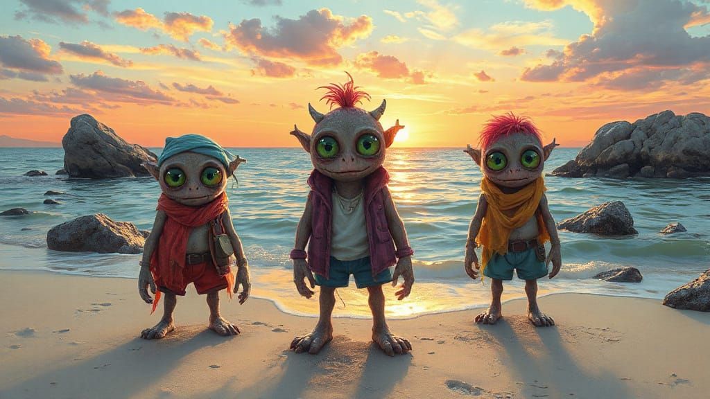 Whimsical Beach Monsters in Dreamy Art Style