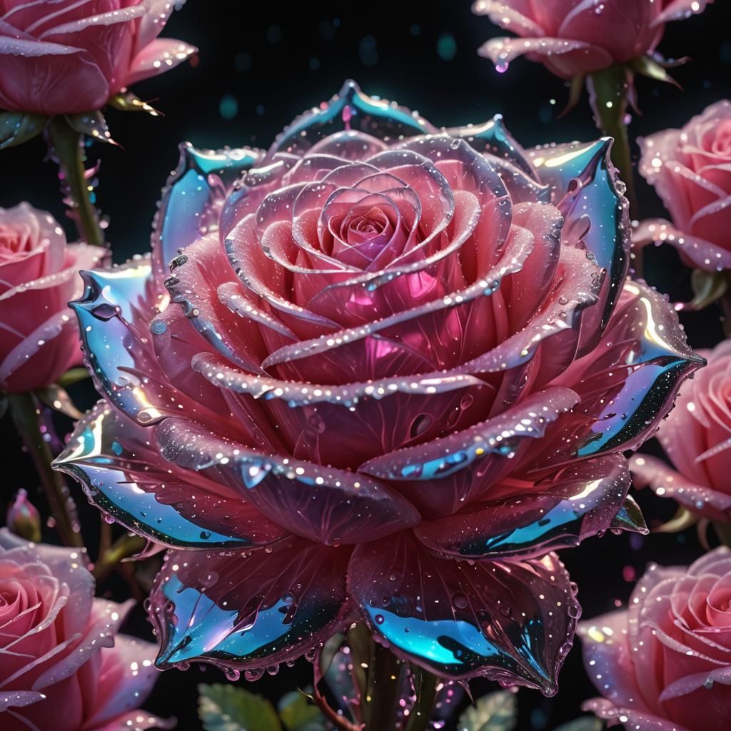 Bioluminescent Crystal Rose in Sci-Fi Greenhouse