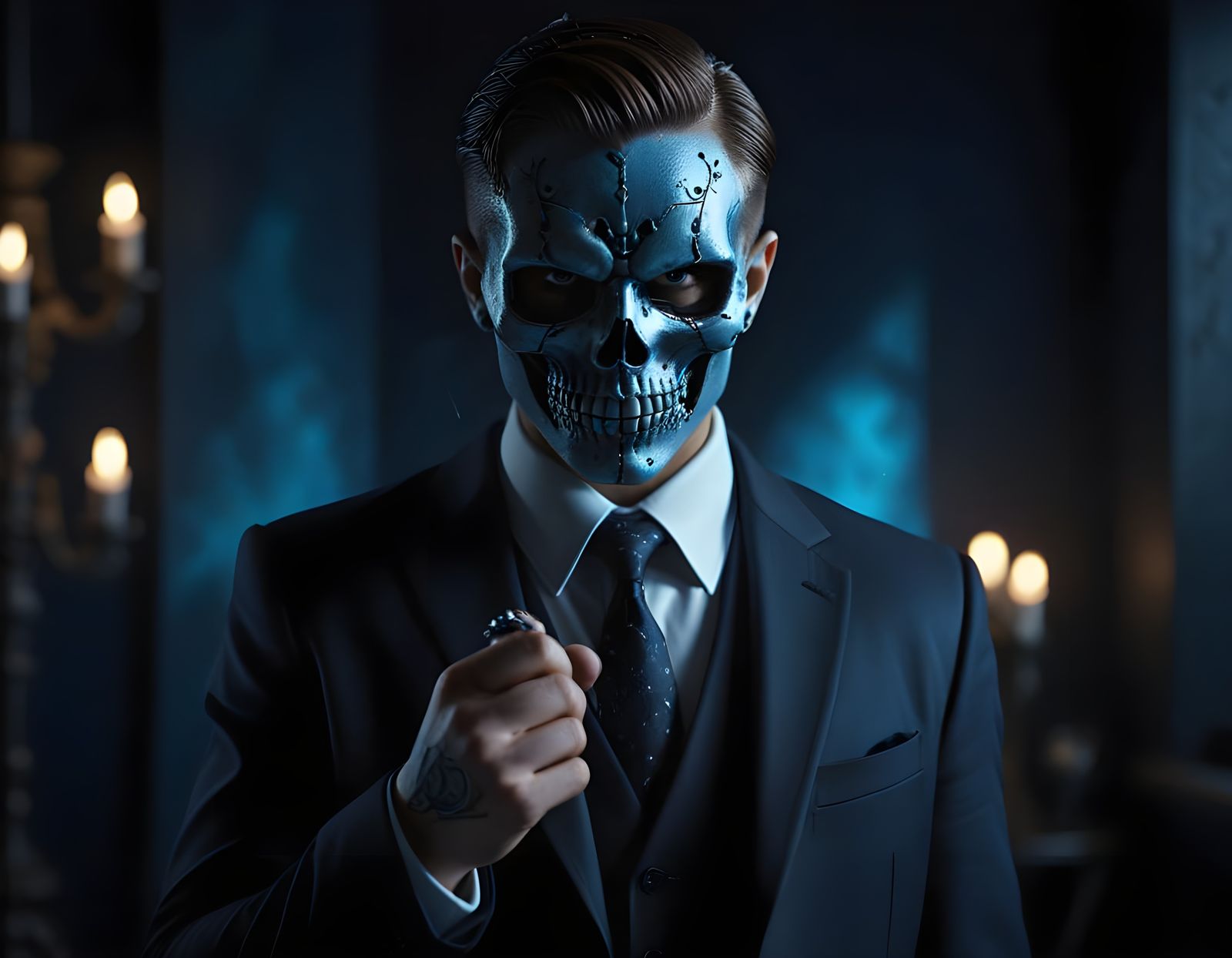 Boy in Skull Mask with Blue Fire