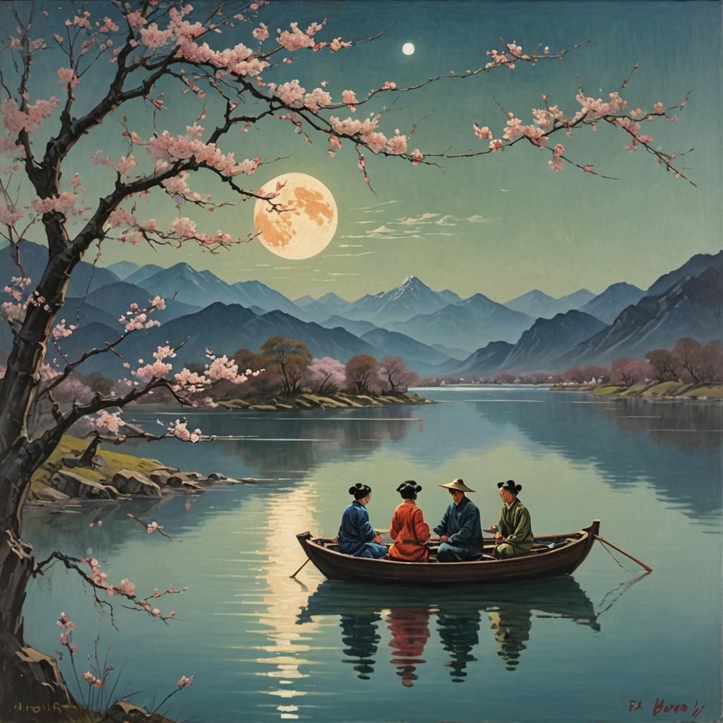 Romantic Chinese Lake Scene in Oil Painting Style