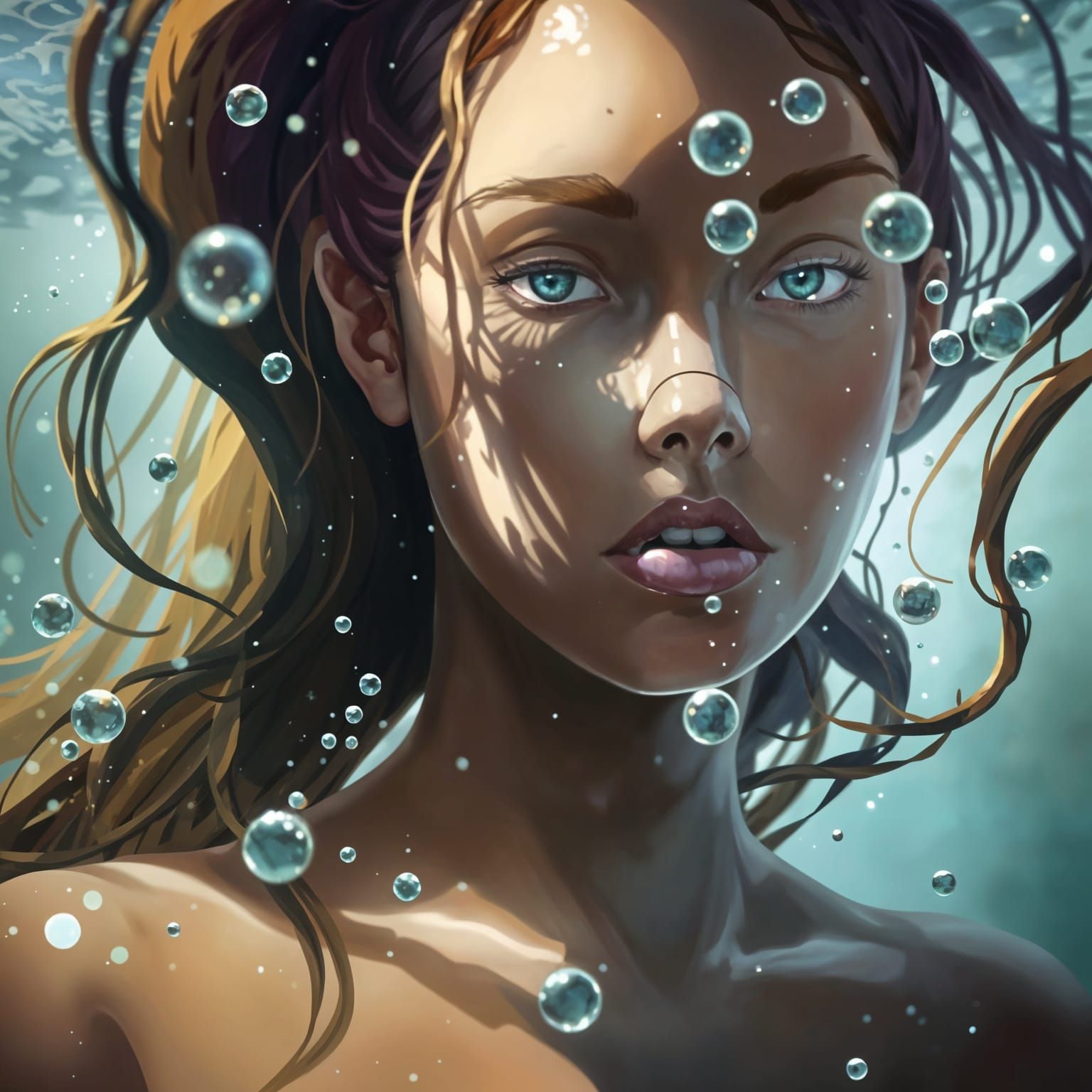 Ethereal Mermaid Underwater with Light Refraction