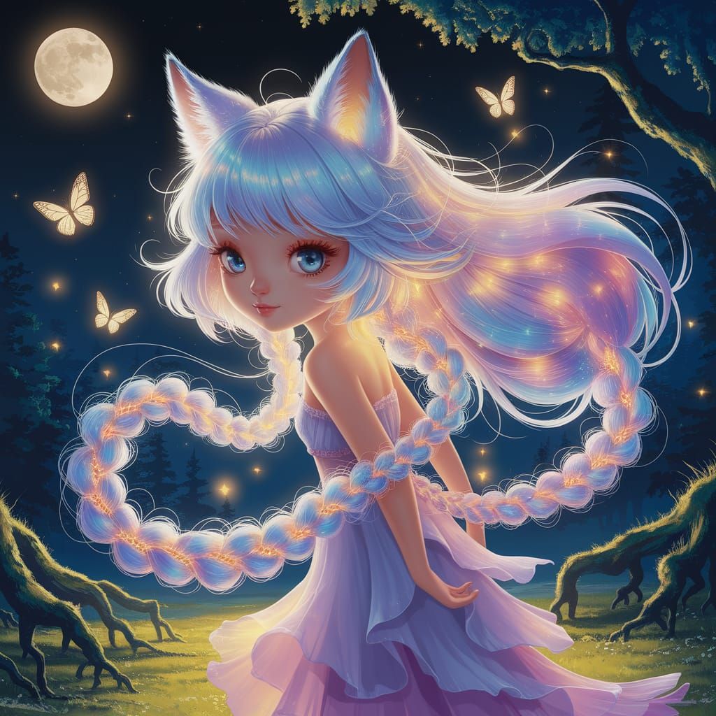 Fox Girl in Moonlit Forest, Ghibli-Inspired Art