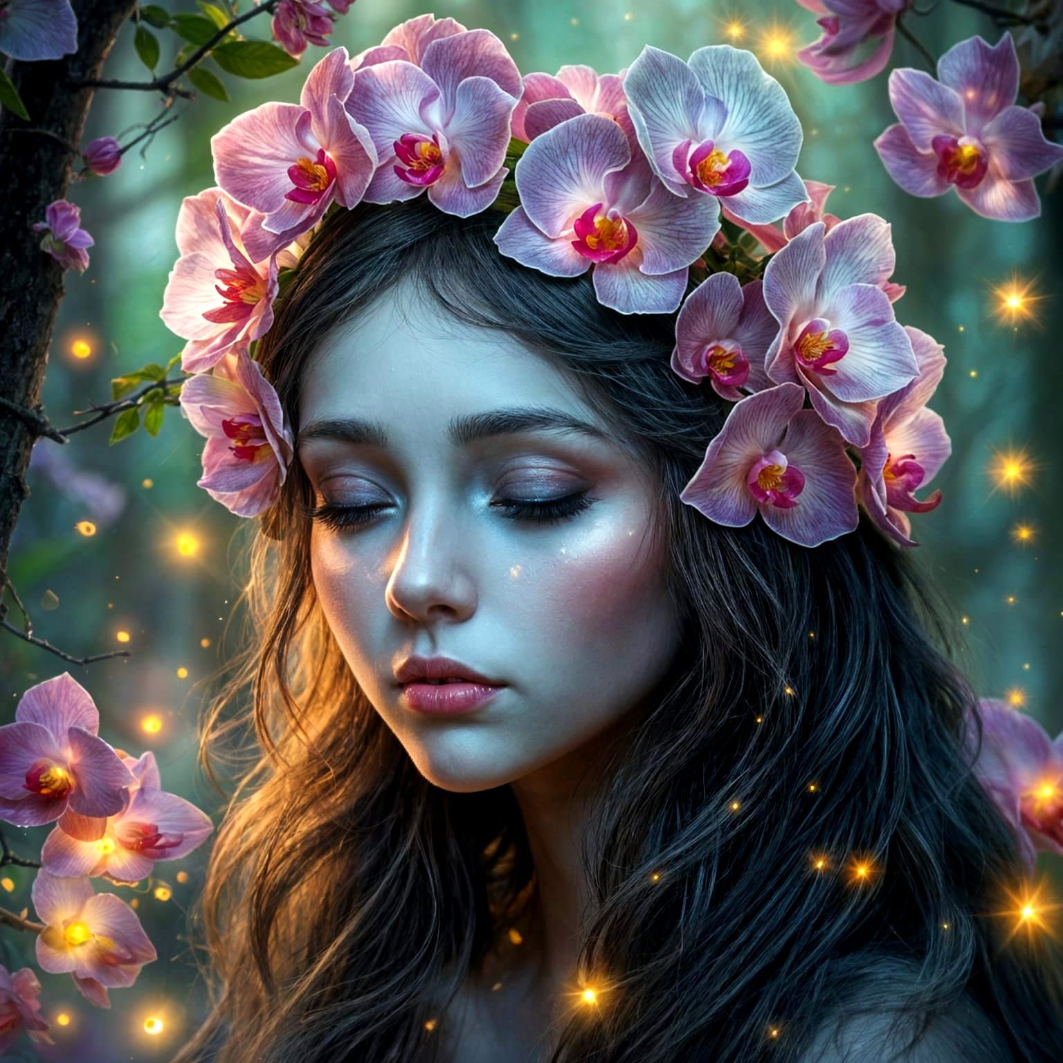 Woodland Nymph With Glowing Orchid Tiara in Mystical Forest