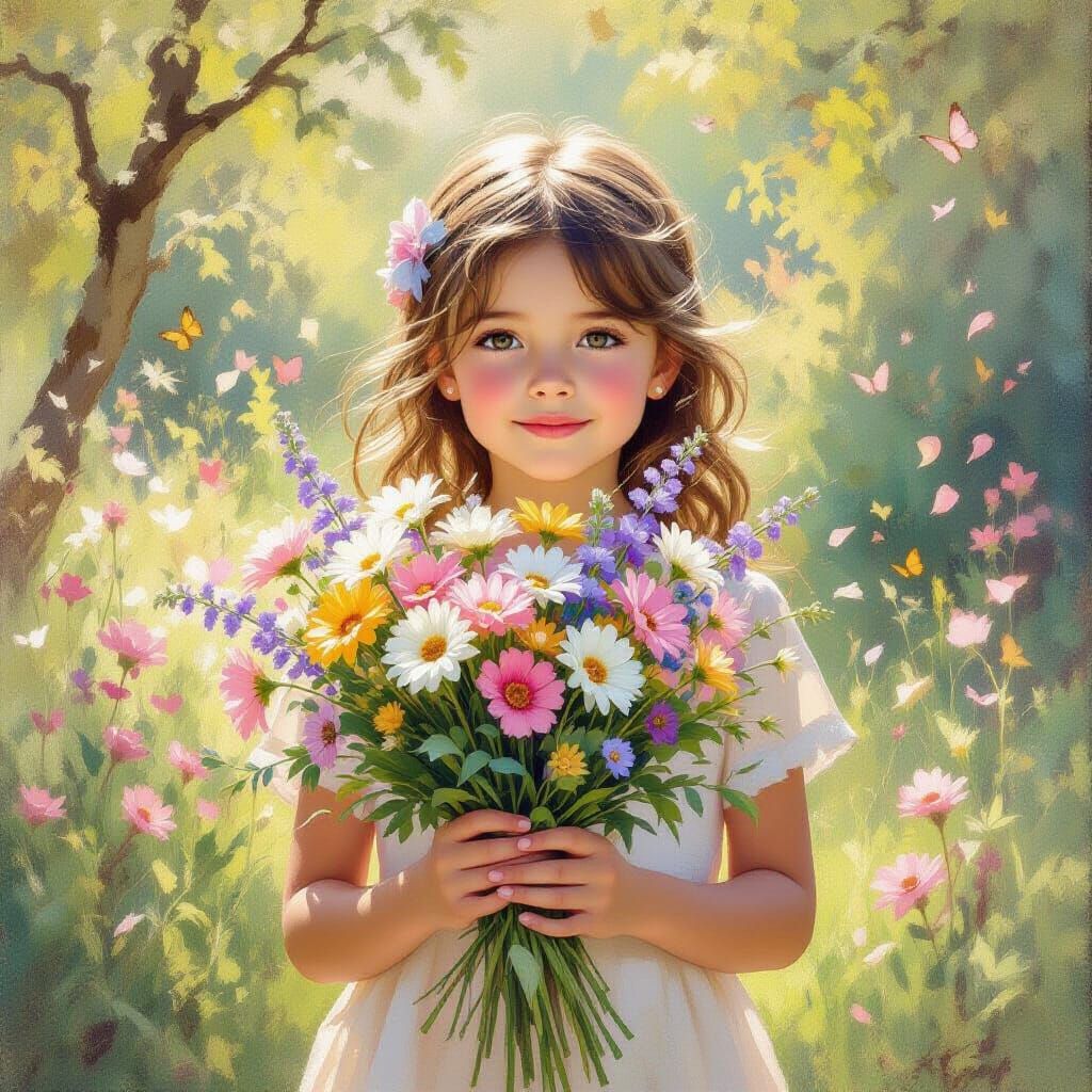 Girl with Wildflower Bouquet in Sunlit Garden