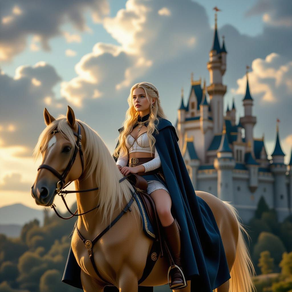 Young Mage Riding Golden Horse Before Castle