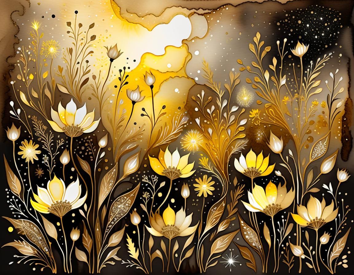 Yellow and Brown Wildflowers at Night in Watercolor