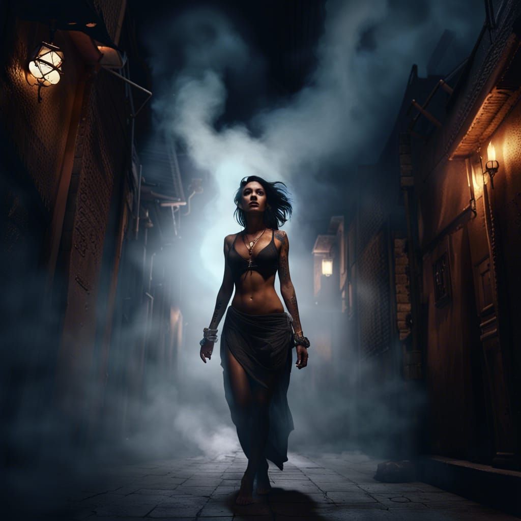 Brunette Djinn Emerges in Medina, Dark Fantasy Art
