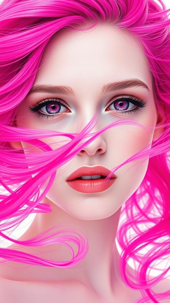 Surreal Portrait of a Woman with Vibrant Pink Hair in Hyper-...