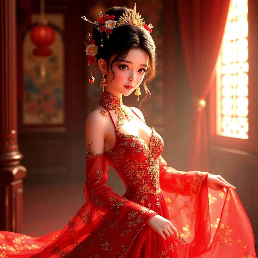 Elegant 3D Anime Art Red Dress with Intricate Embroidery