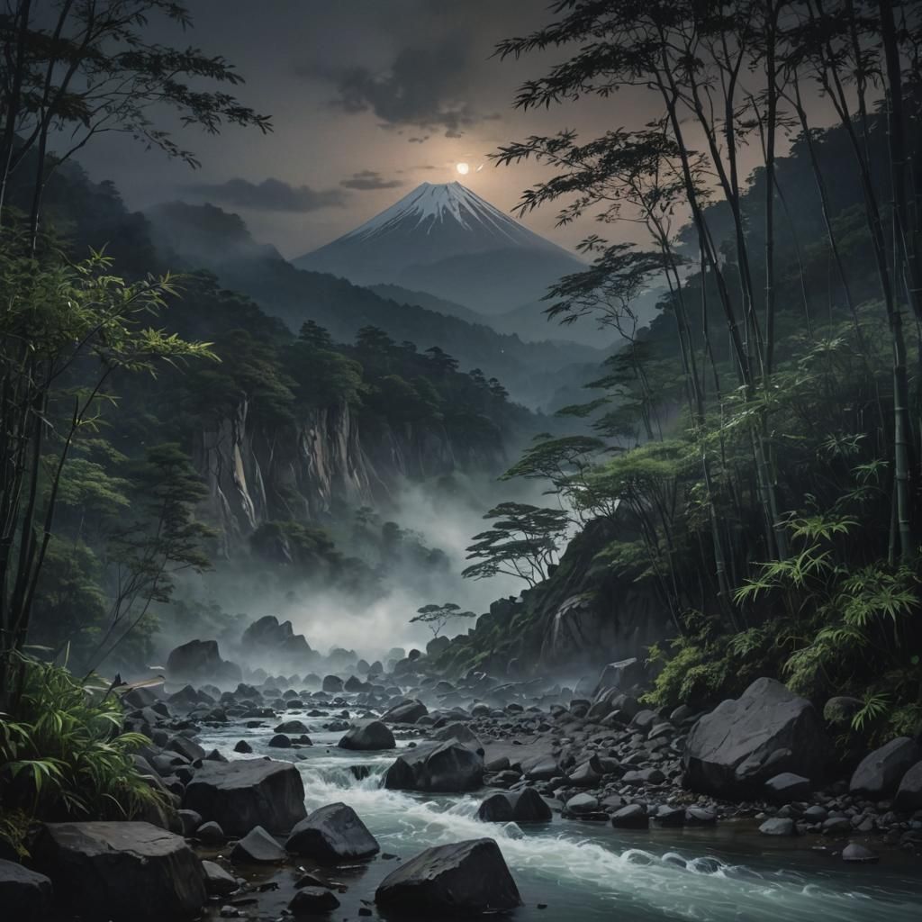 Mount Fuji at Night in Hyperrealistic Style