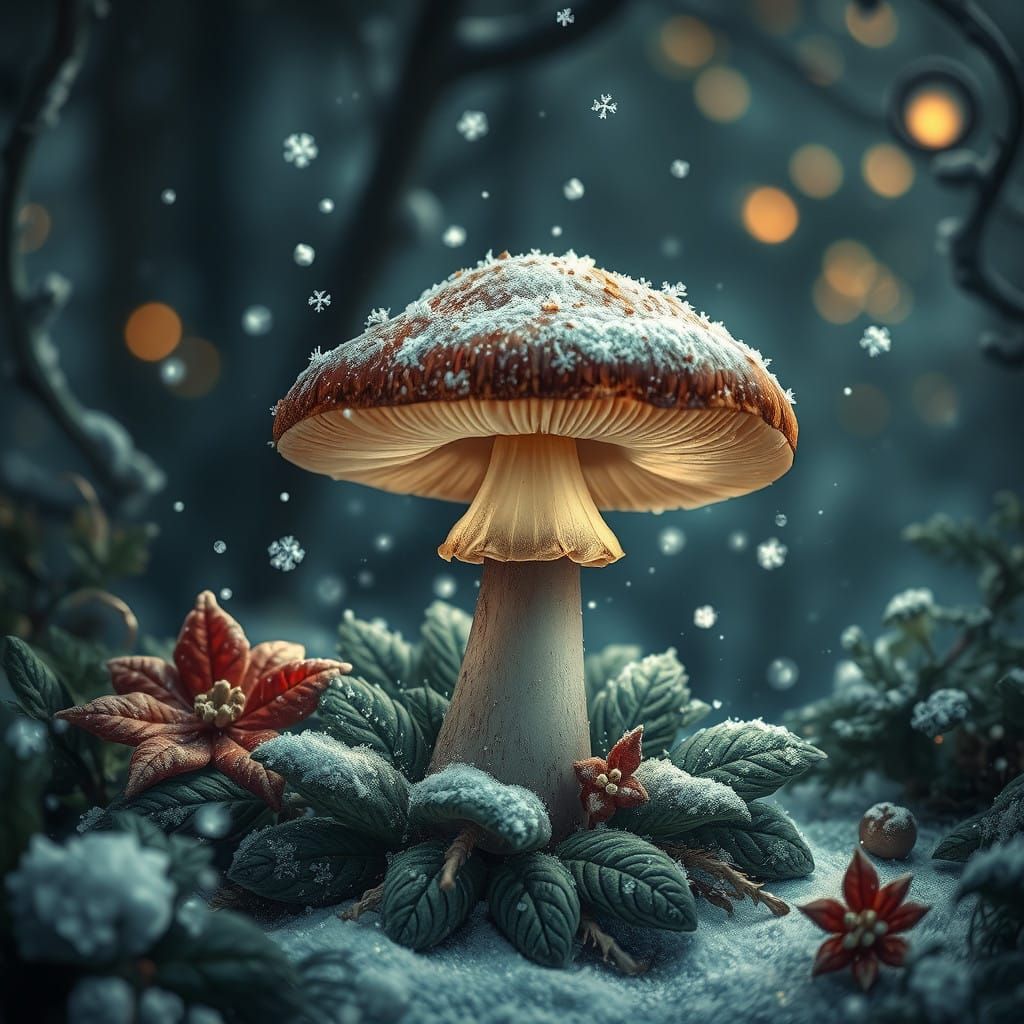 Winter Wonderland Mushroom Scene in Whimsical Style