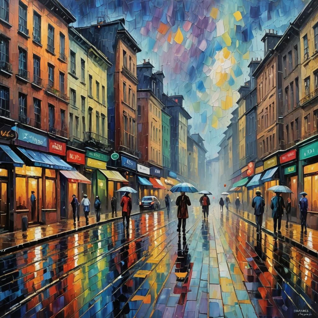 Rainy Street Scene in Expressionist Oil Painting Style