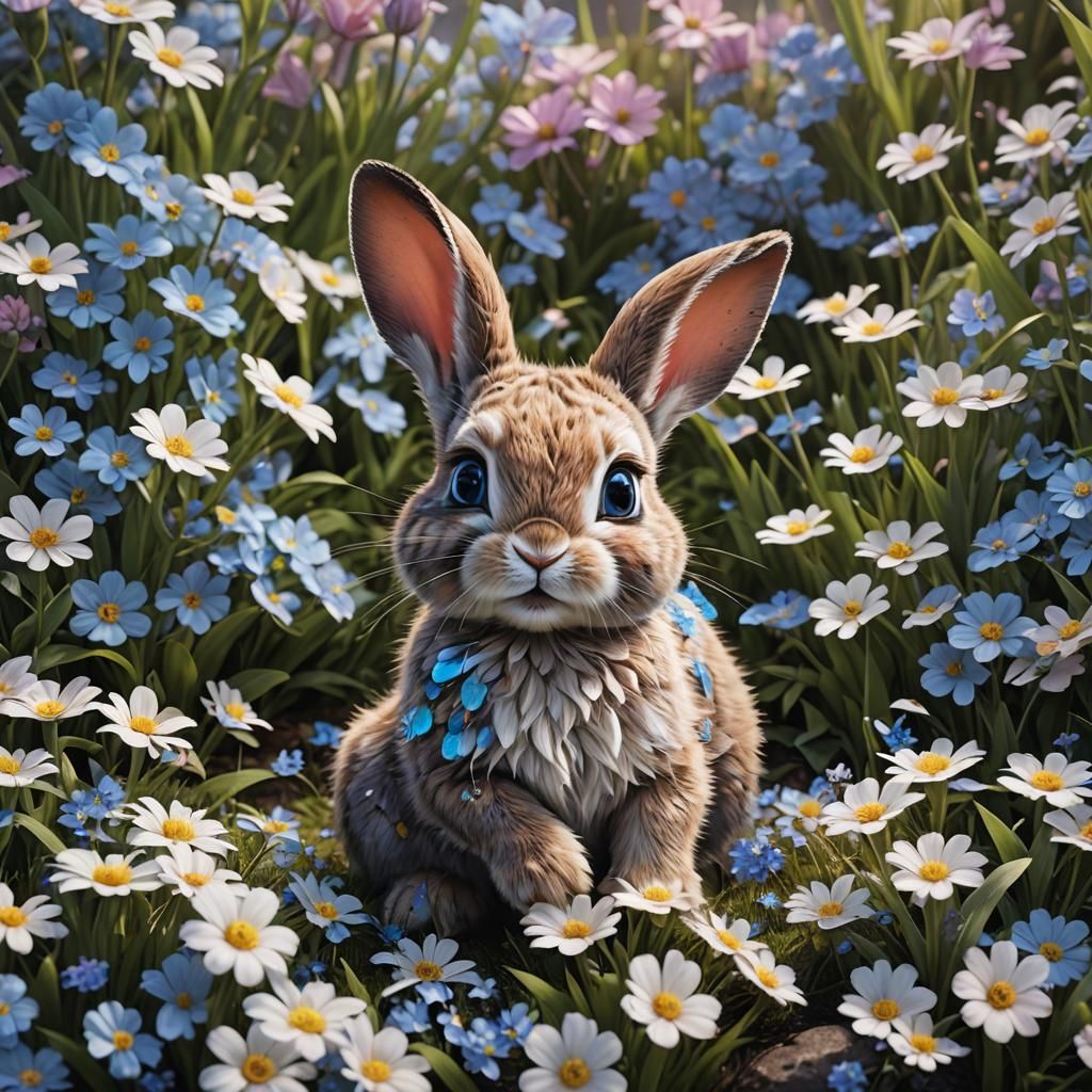 Adorable Baby Bunny with Blue Eyes, Detailed Matte Painting