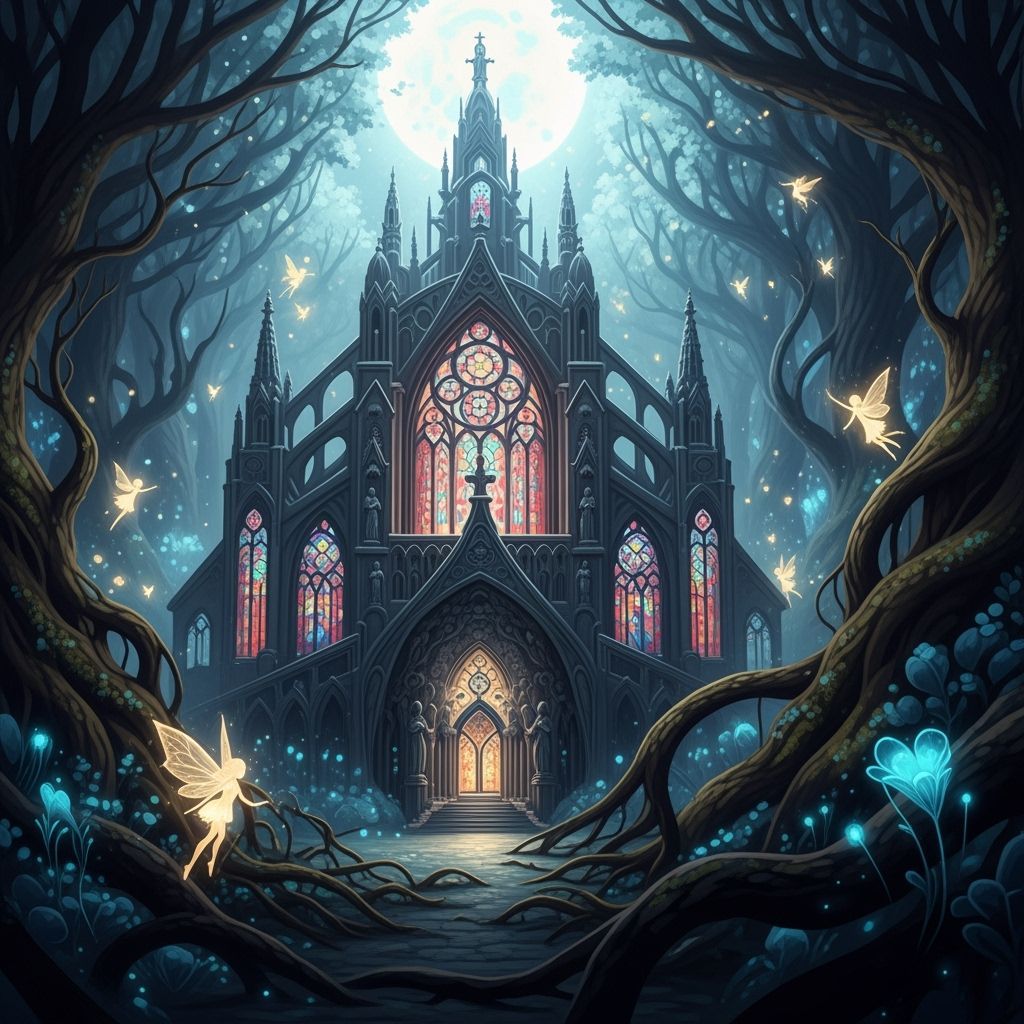 Gothic Cathedral in Enchanted Forest with Fairies