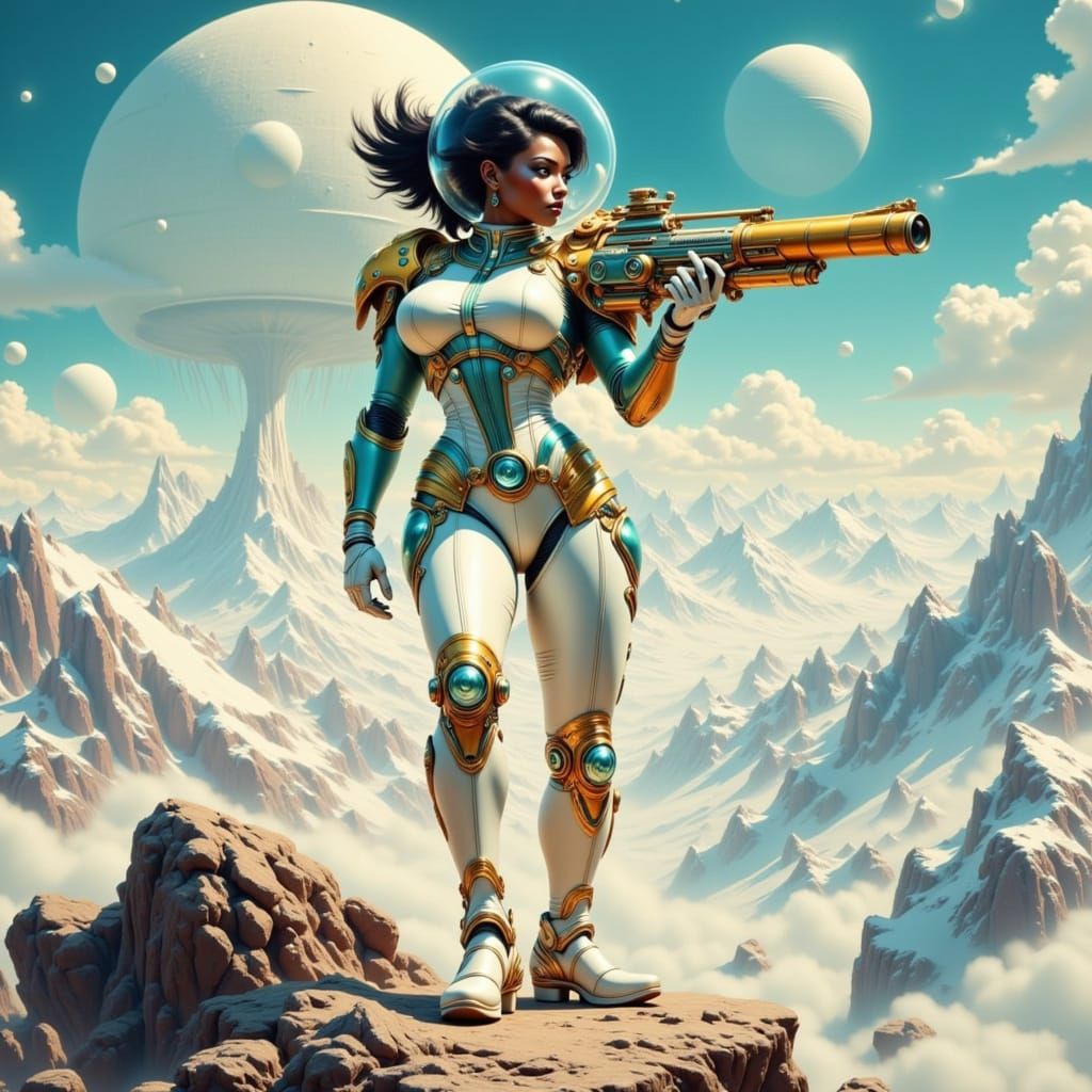 Futuristic Woman Warrior on Alien Planet, Vintage Sci-Fi Art