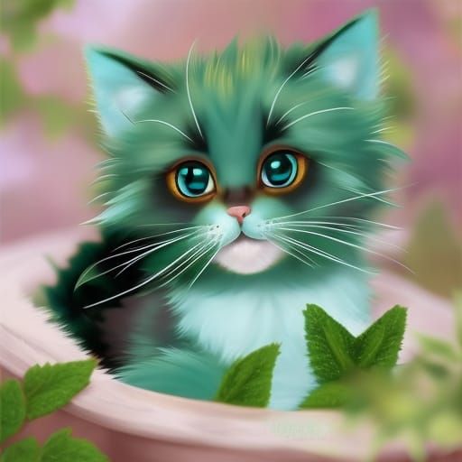 Cute Catnip Hybrid in Forest: Digital Art