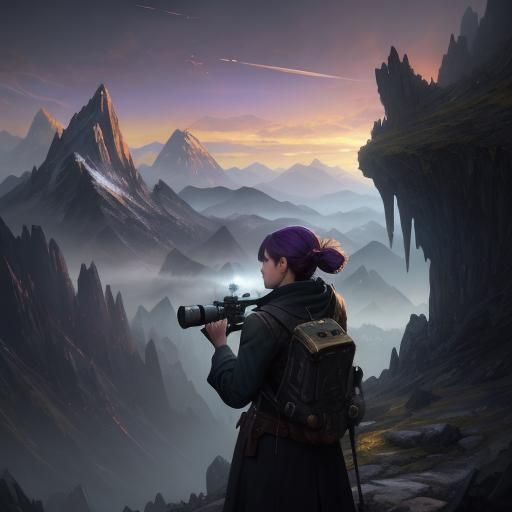 Girl Observes Mountain Range in Dark Fantasy Style