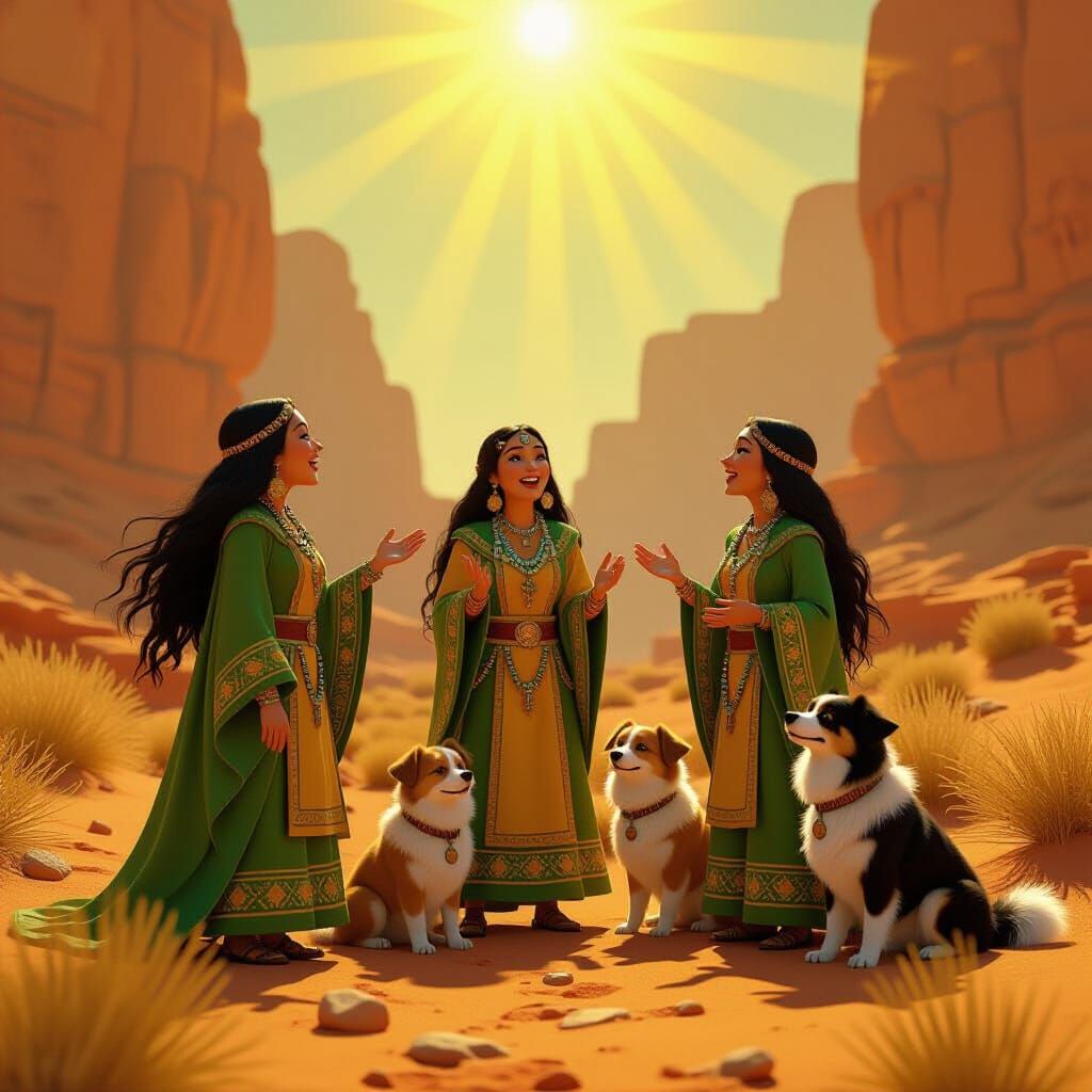 Three Shamans Singing with Dogs in a Desert Canyon