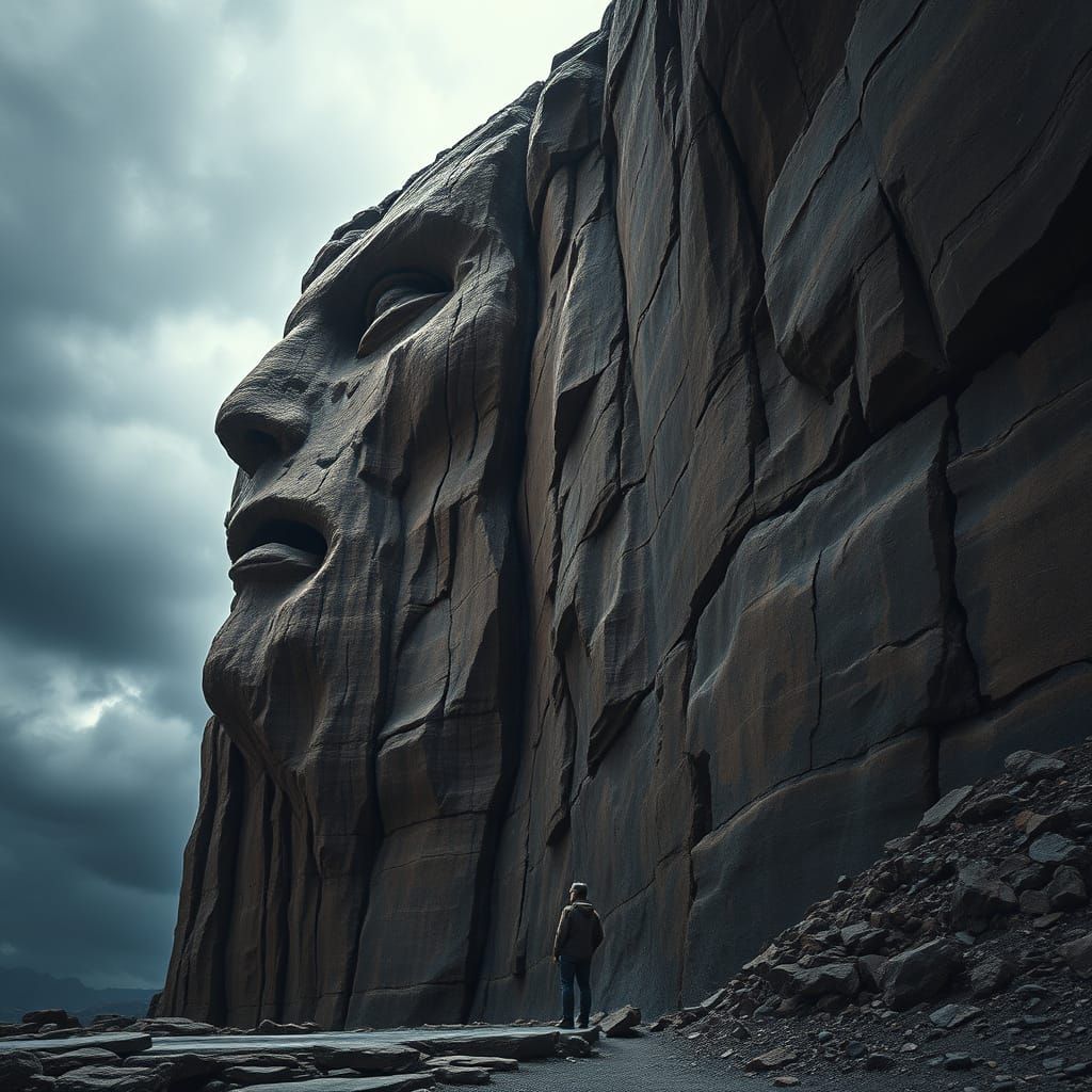 Ancient Cliff Face Profile in Stormy Landscape