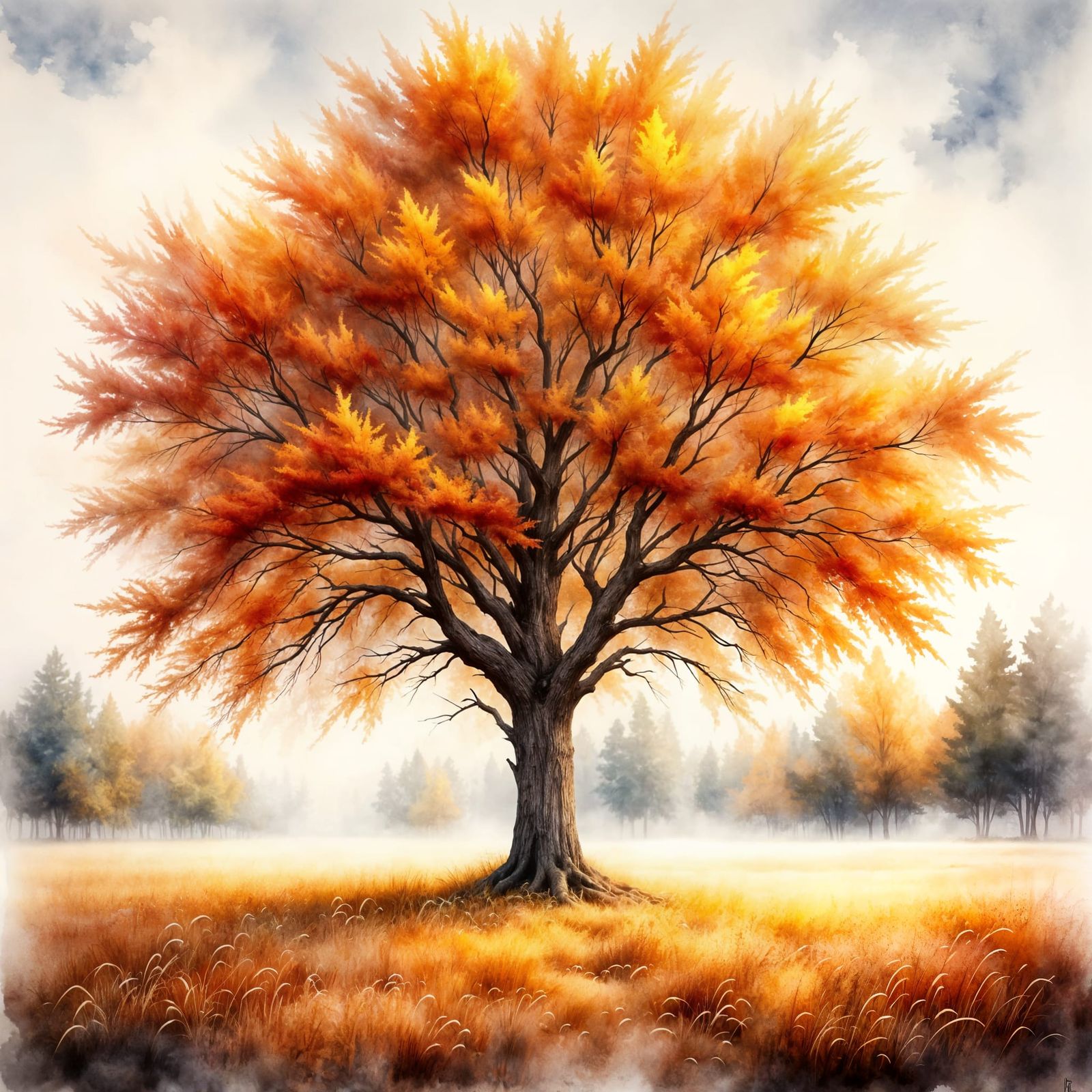 Oak Tree in Autumn Splendor: Antique Watercolor