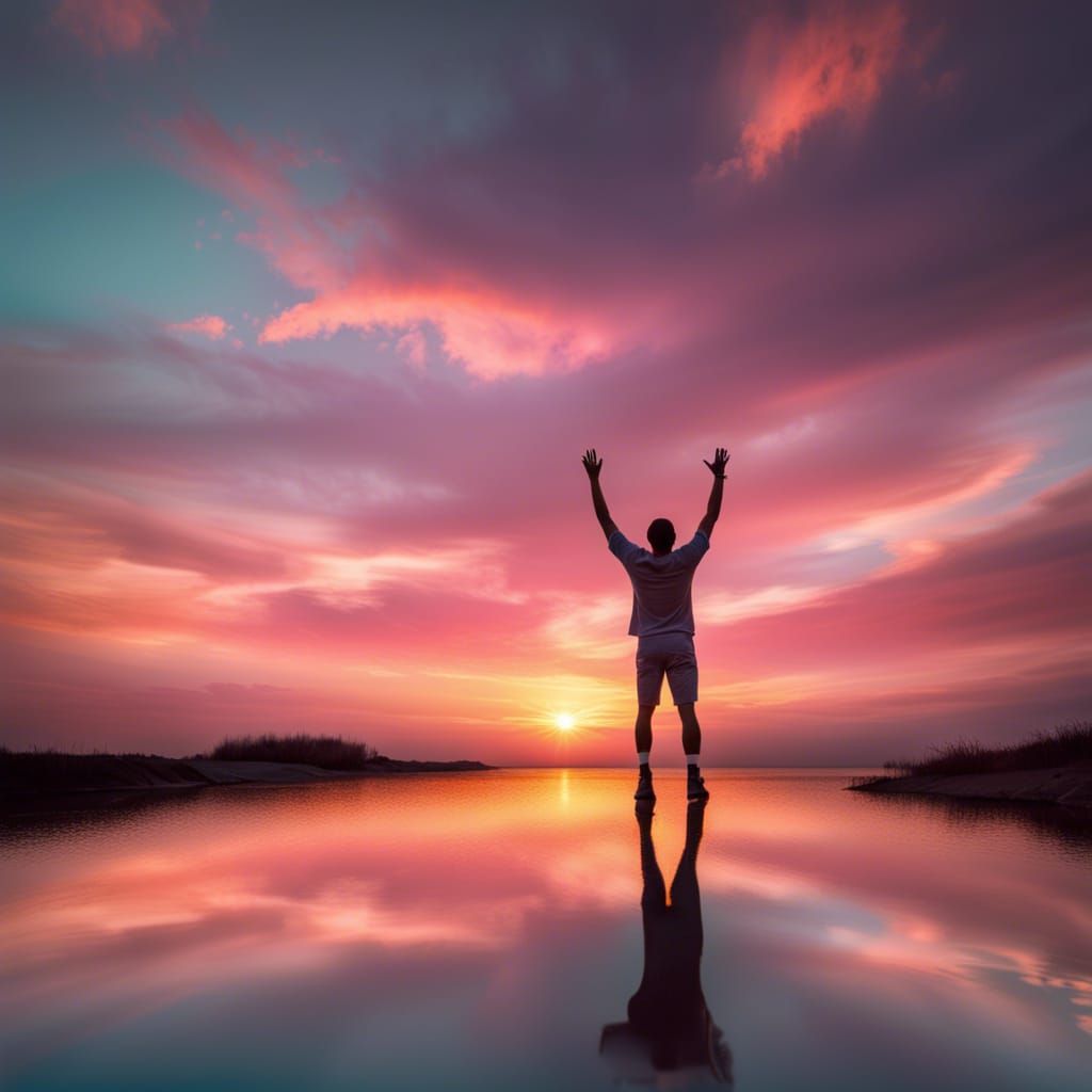 Person Celebrates Sunset in Pastel Colors