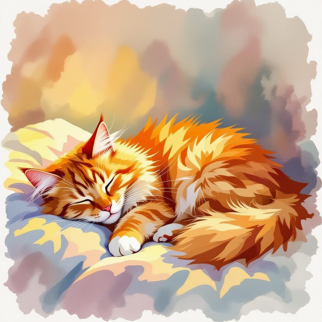 Fluffy Orange Cat Sleeping in Watercolor Style