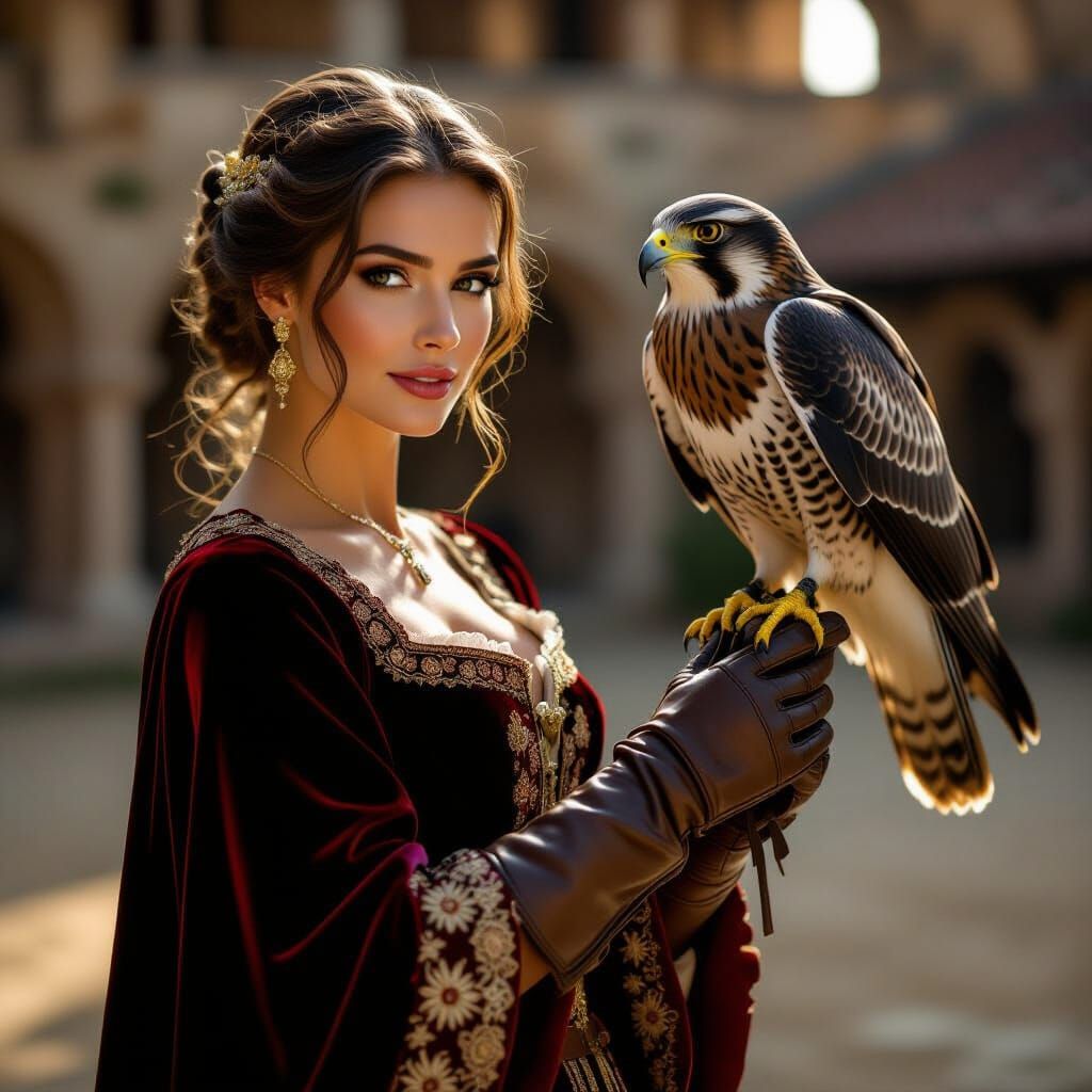 Medieval Lady Practicing Falconry in Golden Hour Light