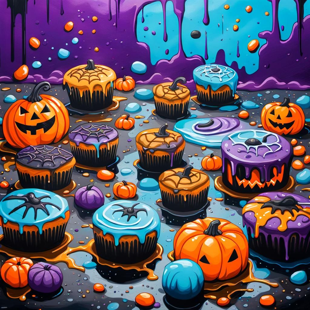 Halloween Graffiti Art: Cakes and Candy in Urban Scene