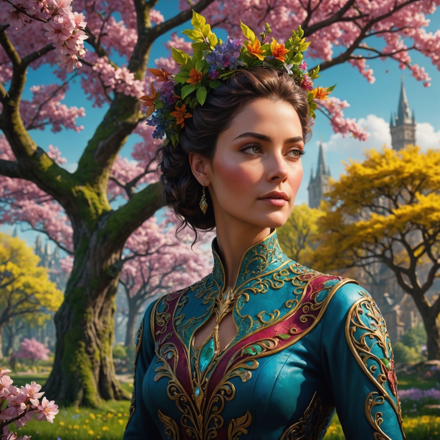 Colorful Spring Tree and Lady: Fantasy Concept Art