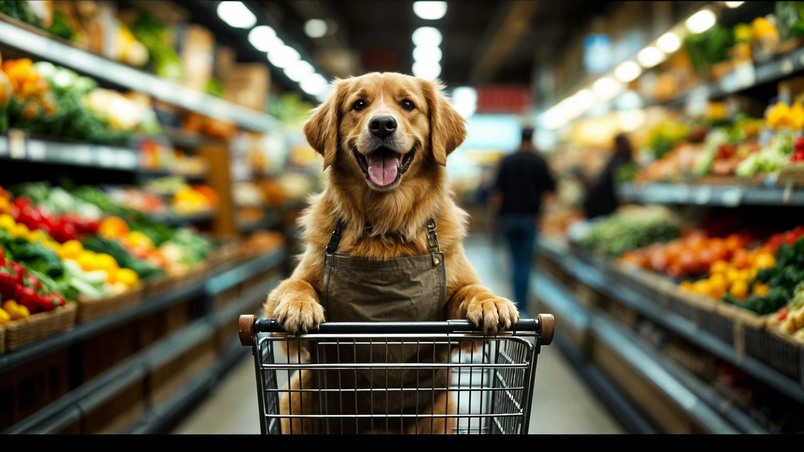 Golden Retriever Pushing Shopping Cart in Grocery Store
