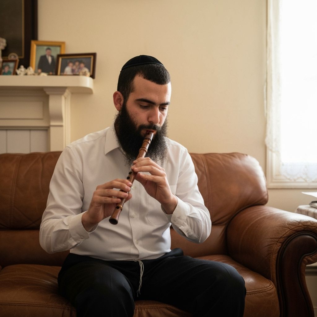 Orthodox Jewish Man Playing Flute at Home