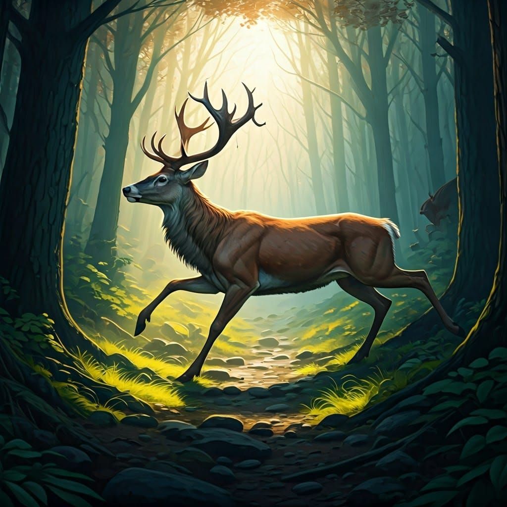 Deer in Frenzied Flight through Forest