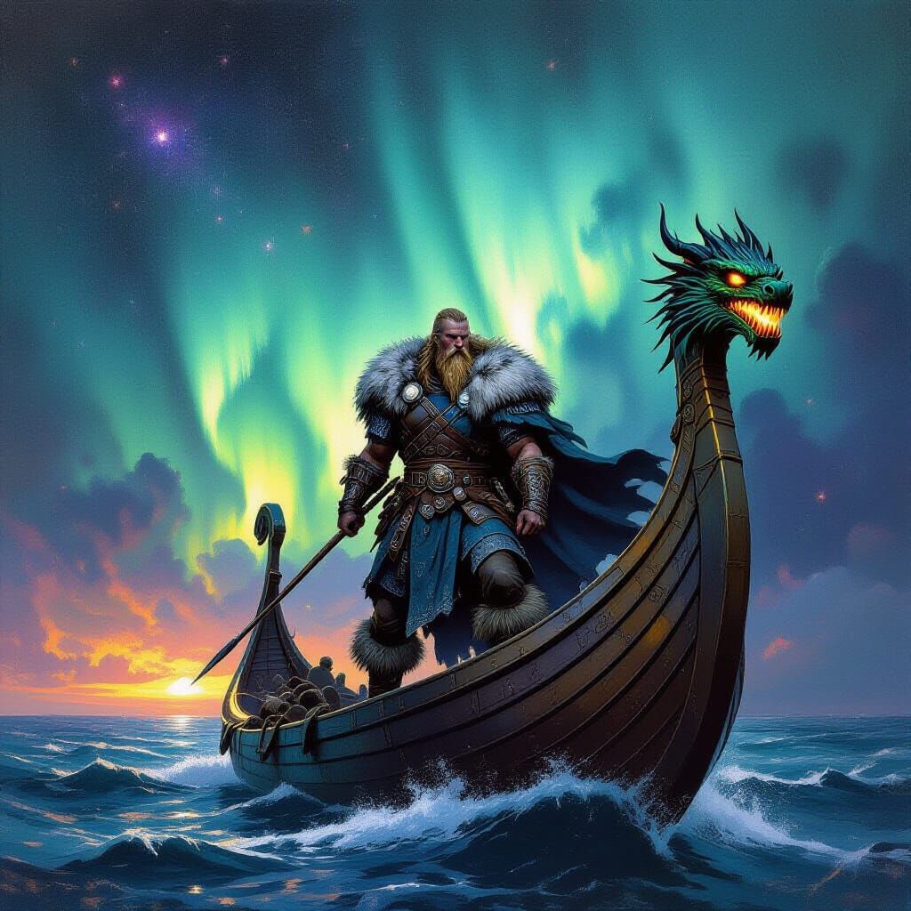 Viking Longship Sailing Through Nebula: Impasto Painting