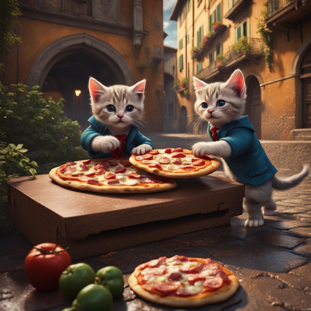 Italian Kittens Stealing Pizza in Florence: Digital Art
