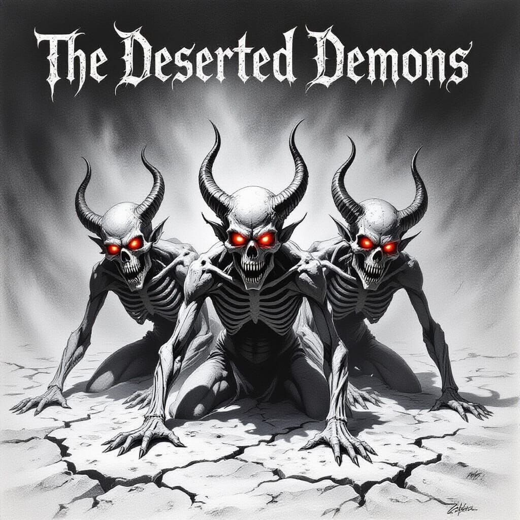 Skeletal Demons in Gothic Stone Carving, Charcoal Drawing