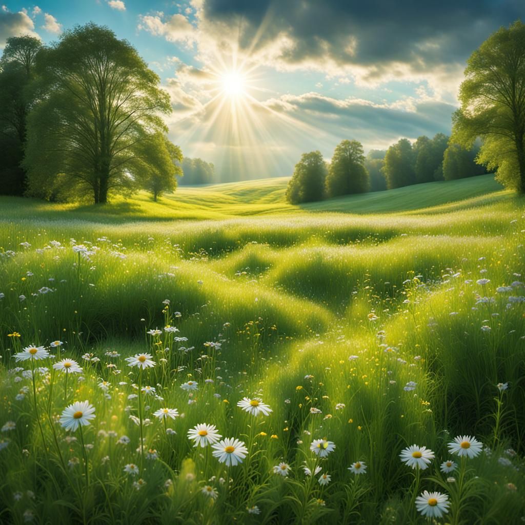 Lush Field of Wildflowers Bathed in Golden Sunlight