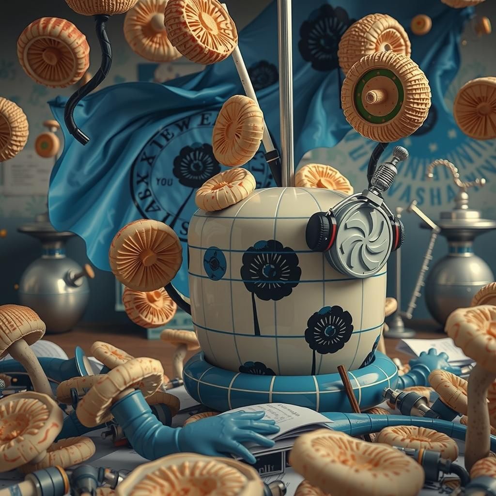 Whimsical Mushroom Convention with Porcelain and Metal