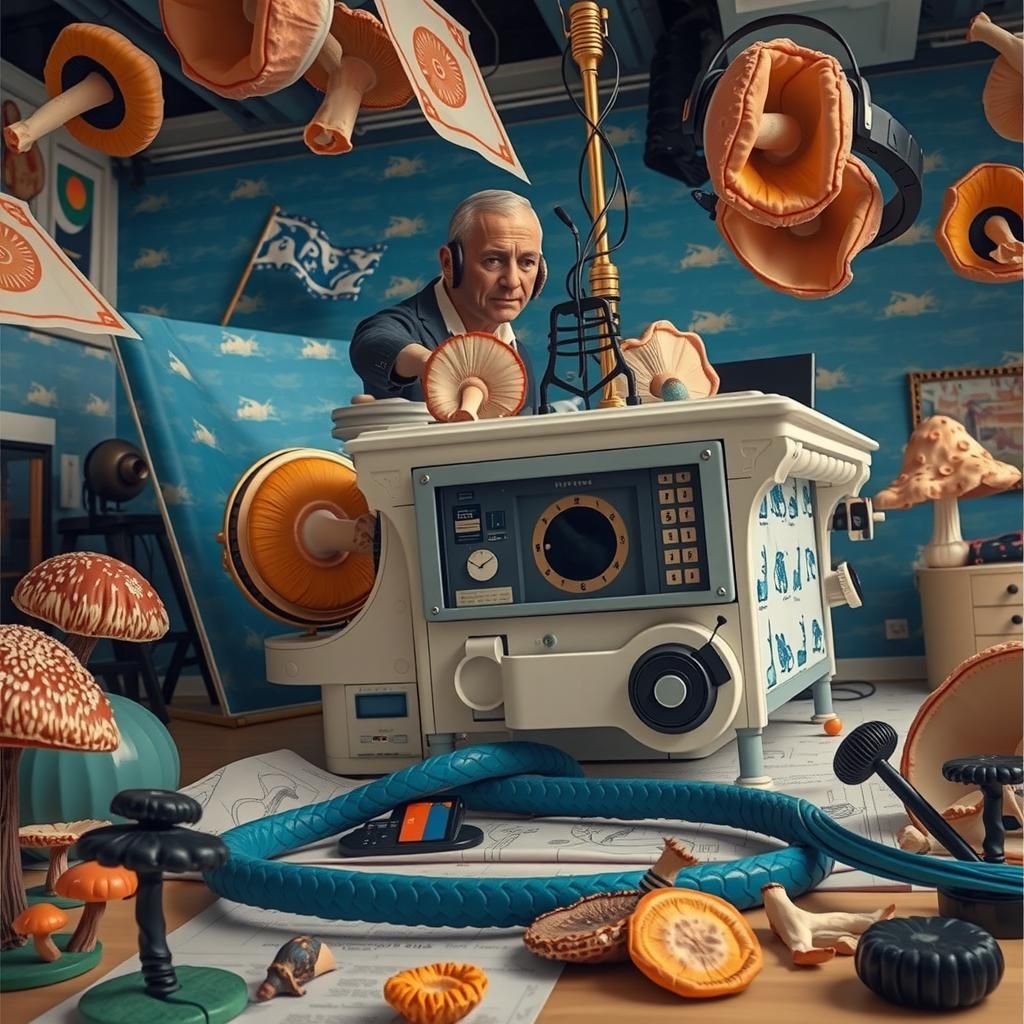Surreal Mushroom Office in Mixed Media Style