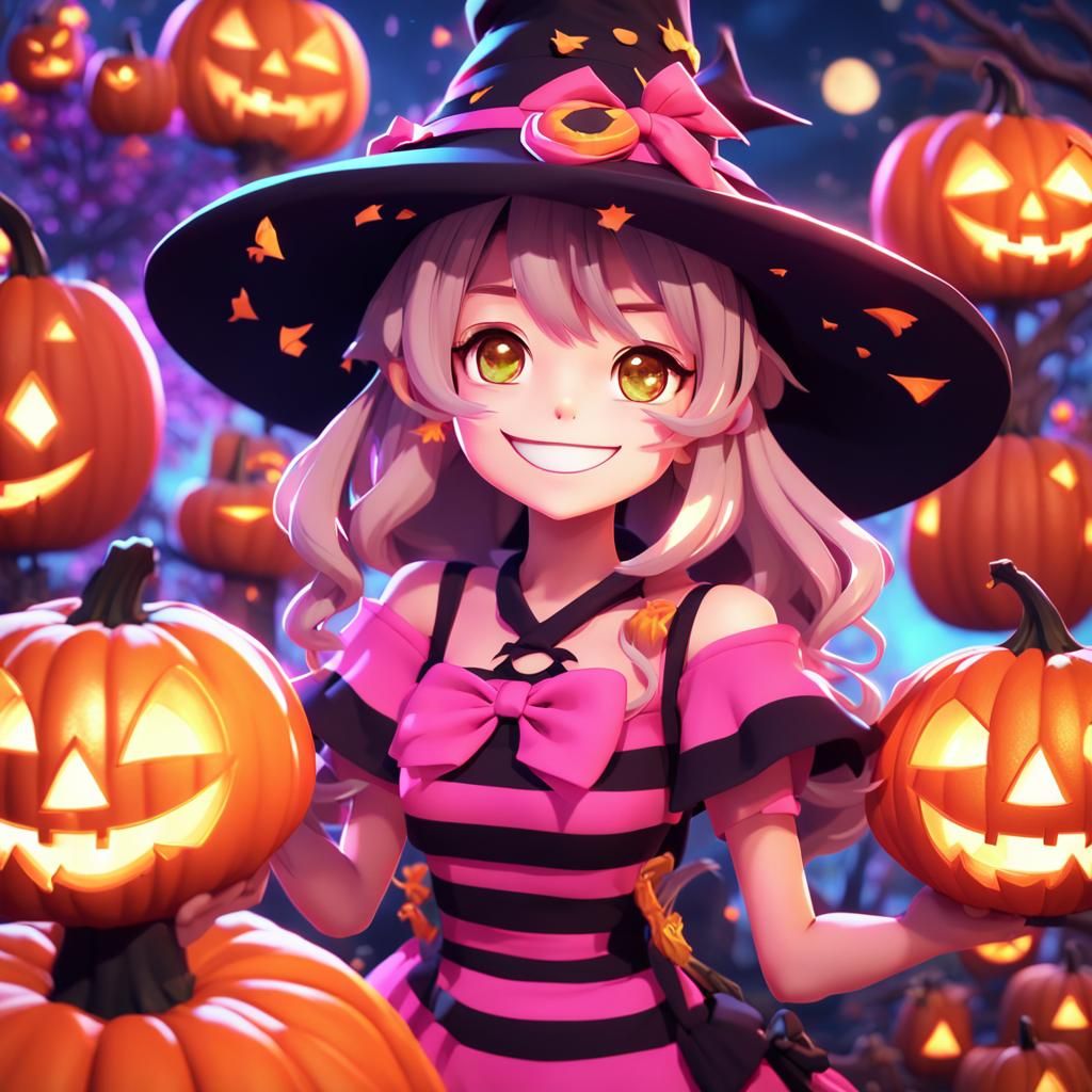 Cute Anime Witch Celebrates Halloween in 3D