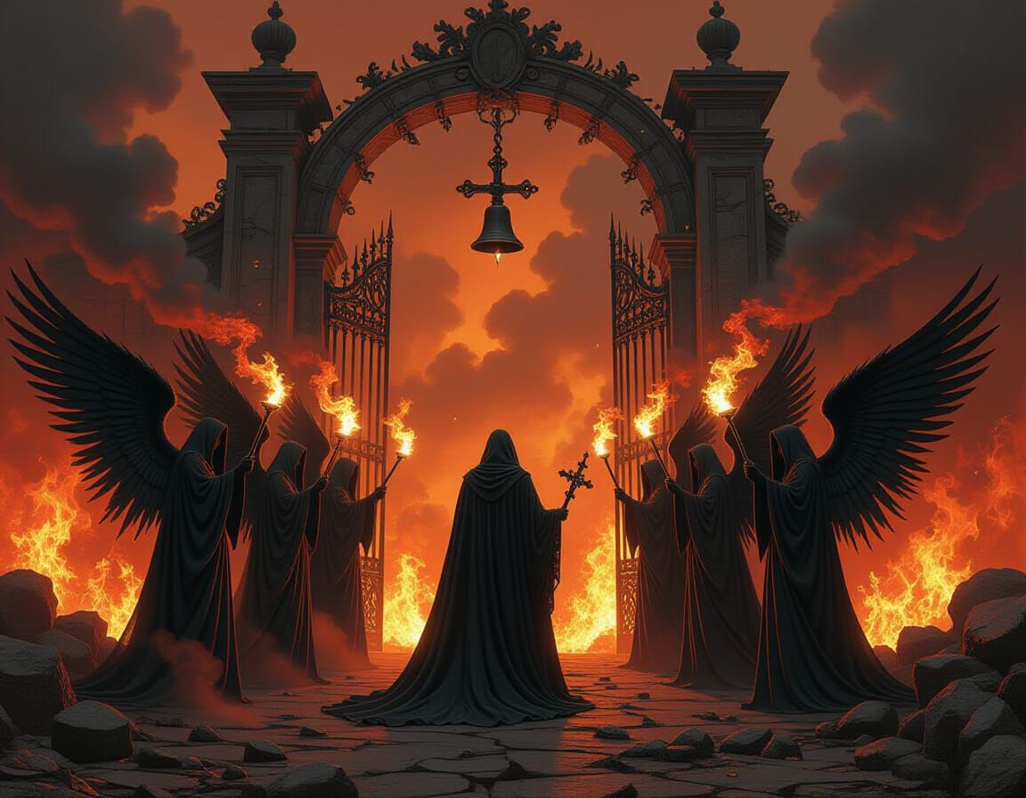 Satan at Hell's Gate with Angels in Fantasy Art