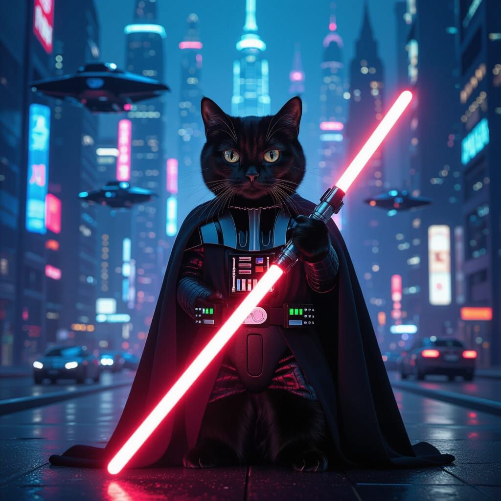 Darth Vader Cat with Lightsaber in Futuristic City