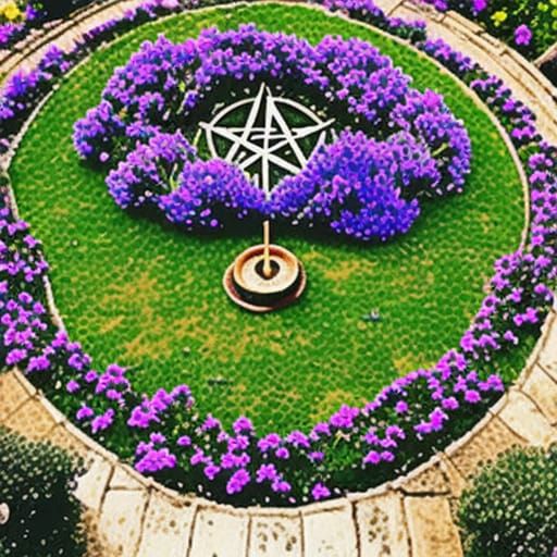 Ethereal witch garden with beautiful lavender bushes& purple rose bushes& lilac bushes& Cherry blossom trees& Wiccan pen...