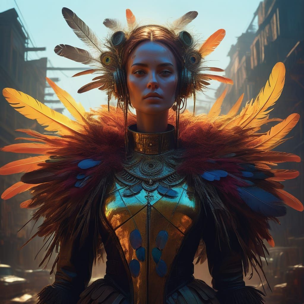 Confident Lady in Feathers, with an Alluring Gaze, in Hyperr...