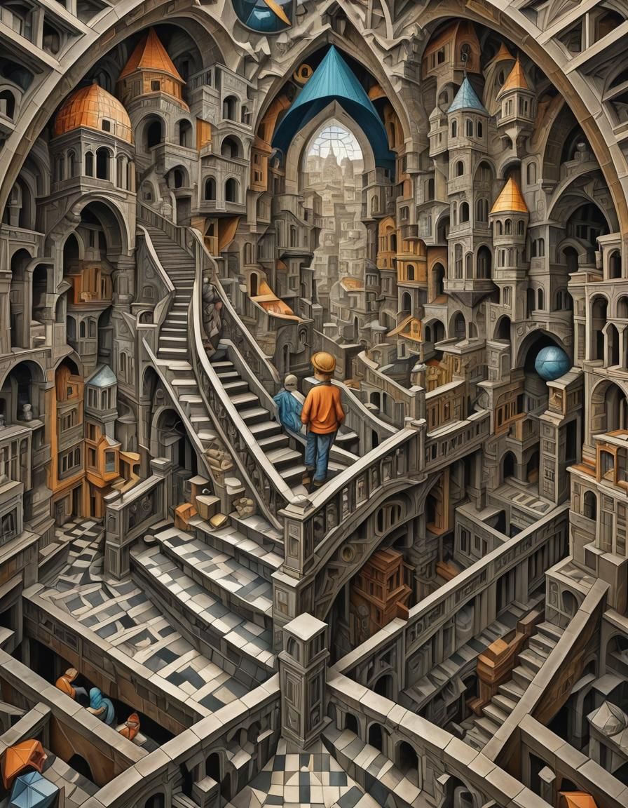 Escher-Inspired Boy in Hyperbolic Landscape