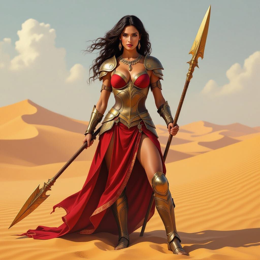 Amazon Warrior in Fiery Desert, Epic Fantasy Art