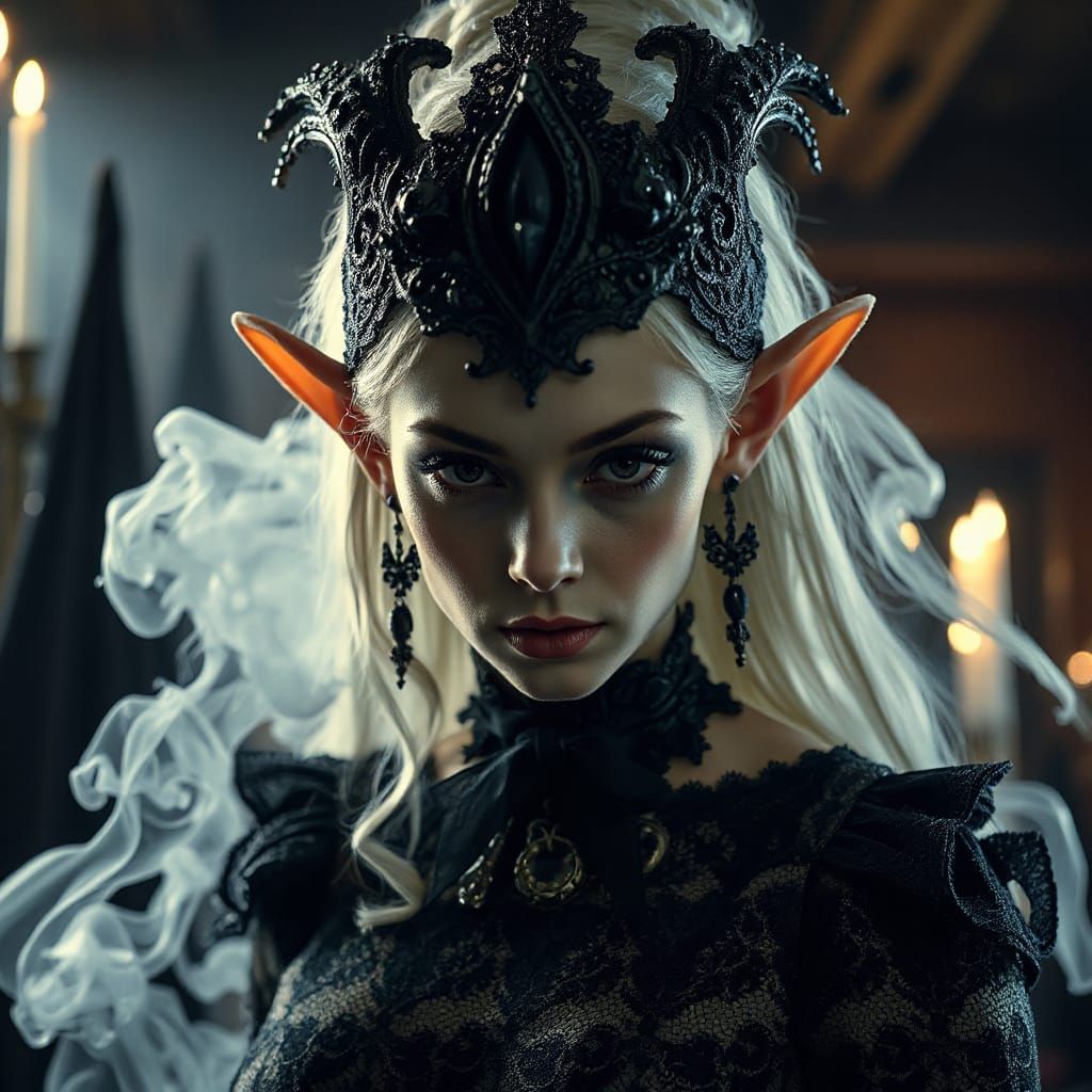 Breathtaking She-Elf in Ornate Lace and Dramatic Lighting