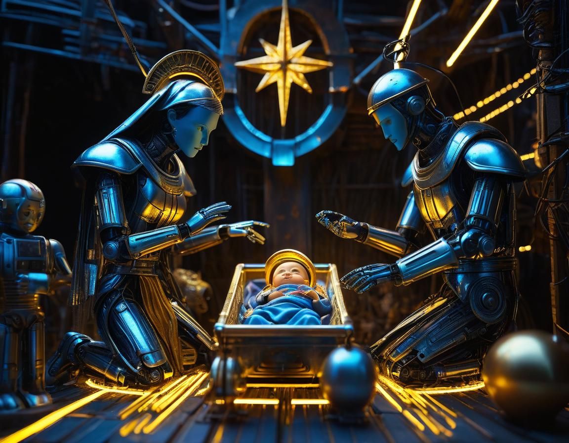 Cyberpunk Nativity Scene Depicted in Futuristic Digital Art