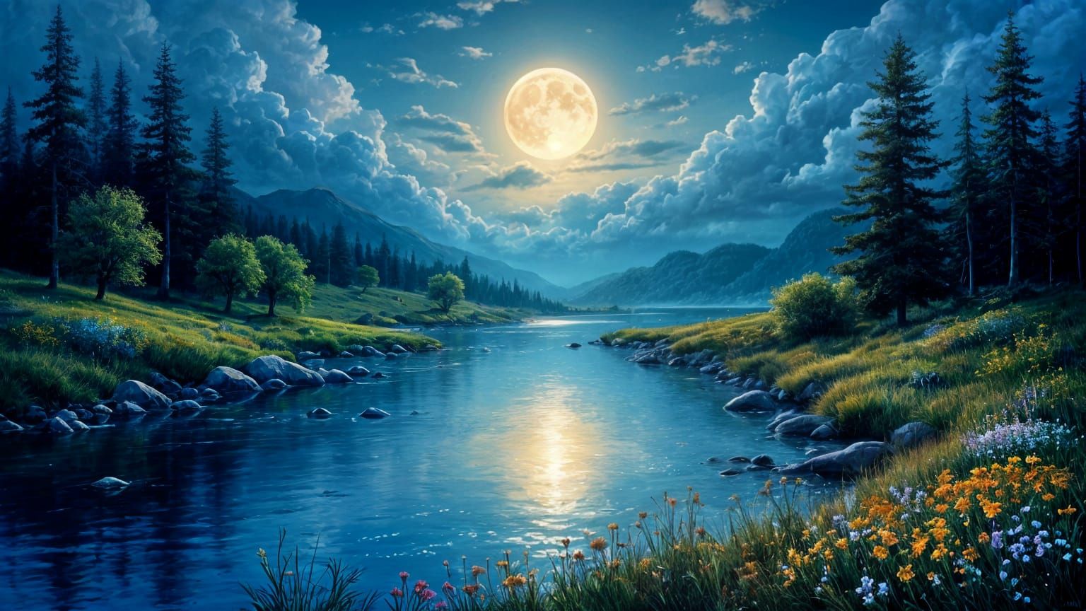 Ethereal River Landscape Under Full Moon with Magical Letter...